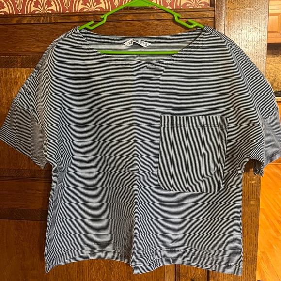 Zara Basic Z1975 Denim Stripe Dolman Sleeve Short Sleeve Shirt Women’s Large EUC - Picture 2 of 11